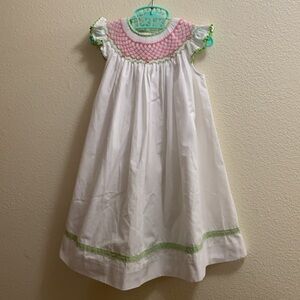Vintage Royal Child Smocked Bishop 2T Dress Cotton Blend Floral White Green Pink